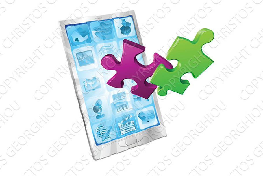 Jigsaw puzzle pieces flying out of phone in Illustrations - product preview 8