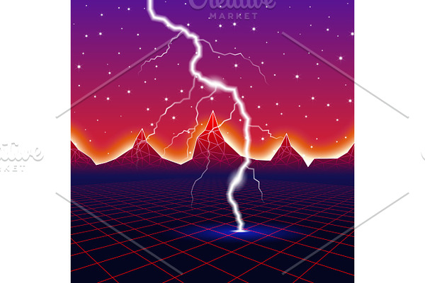 Neon new retro wave computer landscape with lightning
