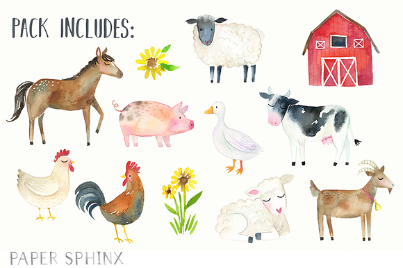 Watercolor Farm Animals Clipart Pack in Illustrations - product preview 1