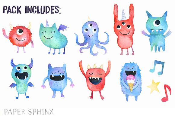 Watercolor Monster Art Pack in Illustrations - product preview 1