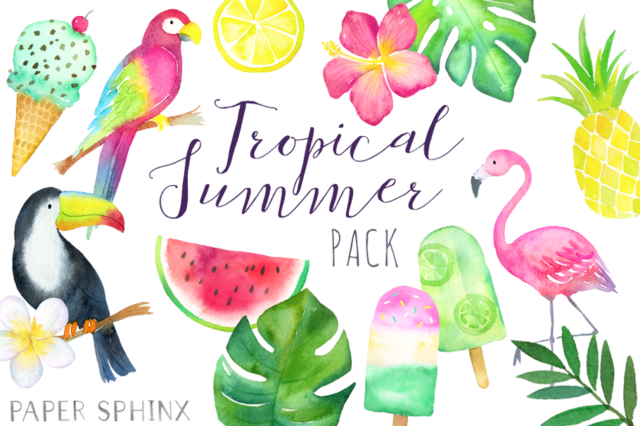 Watercolor Tropical Clipart Pack
