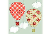 Cute hot air balloons as retro fabric applique in shabby chic style