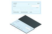 Bank Check with Modern Design. Flat illustration. Cheque book on colored background. Bank check with pen. Concept illustration pay, payment, buy.