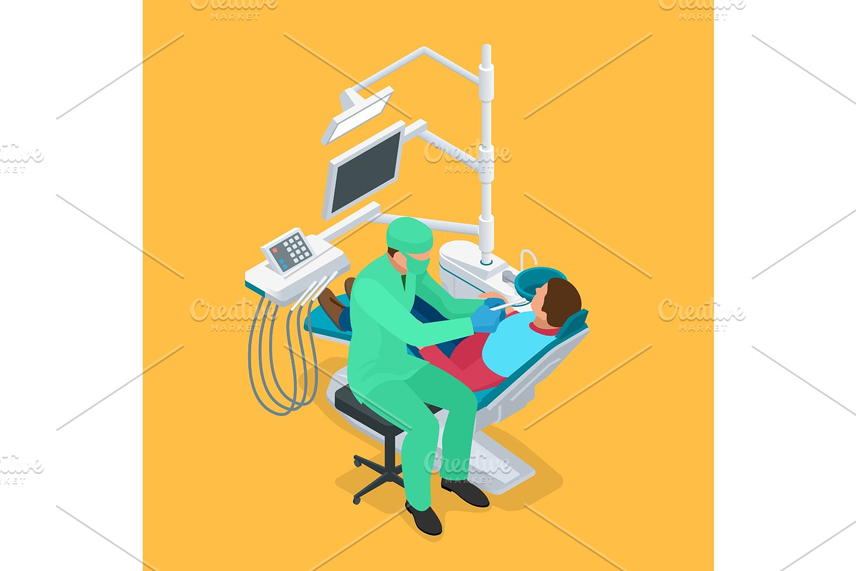 Isometric dentist examining mans teeth in the dentists chair. Medicine concept in Objects - product preview 8