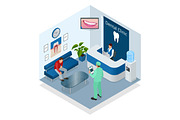 Isometric Modern dental practice. Dental chair and other accessories used by dentists in blue, medic, reception, detail dental panoramic radiograph equipment. Flat vector concept