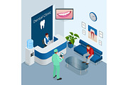 Isometric Modern dental practice. Dental chair and other accessories used by dentists in blue, medic, reception, detail dental panoramic radiograph equipment. Flat vector concept
