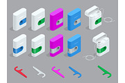 Vector isometric quality dental floss set and Toothpick with different color.