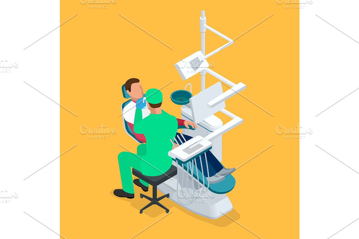 Isometric dentist examining mans teeth in the dentists chair. Medicine concept in Objects - product preview 8