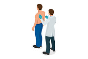 Male doctor examining a patient with stethoscope at hospital. Isometric vector illustration for medicine or healthcare design.