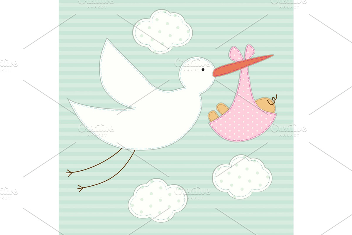 Cute baby shower card as retro fabric patch applique of stork and newborn baby in Illustrations - product preview 8