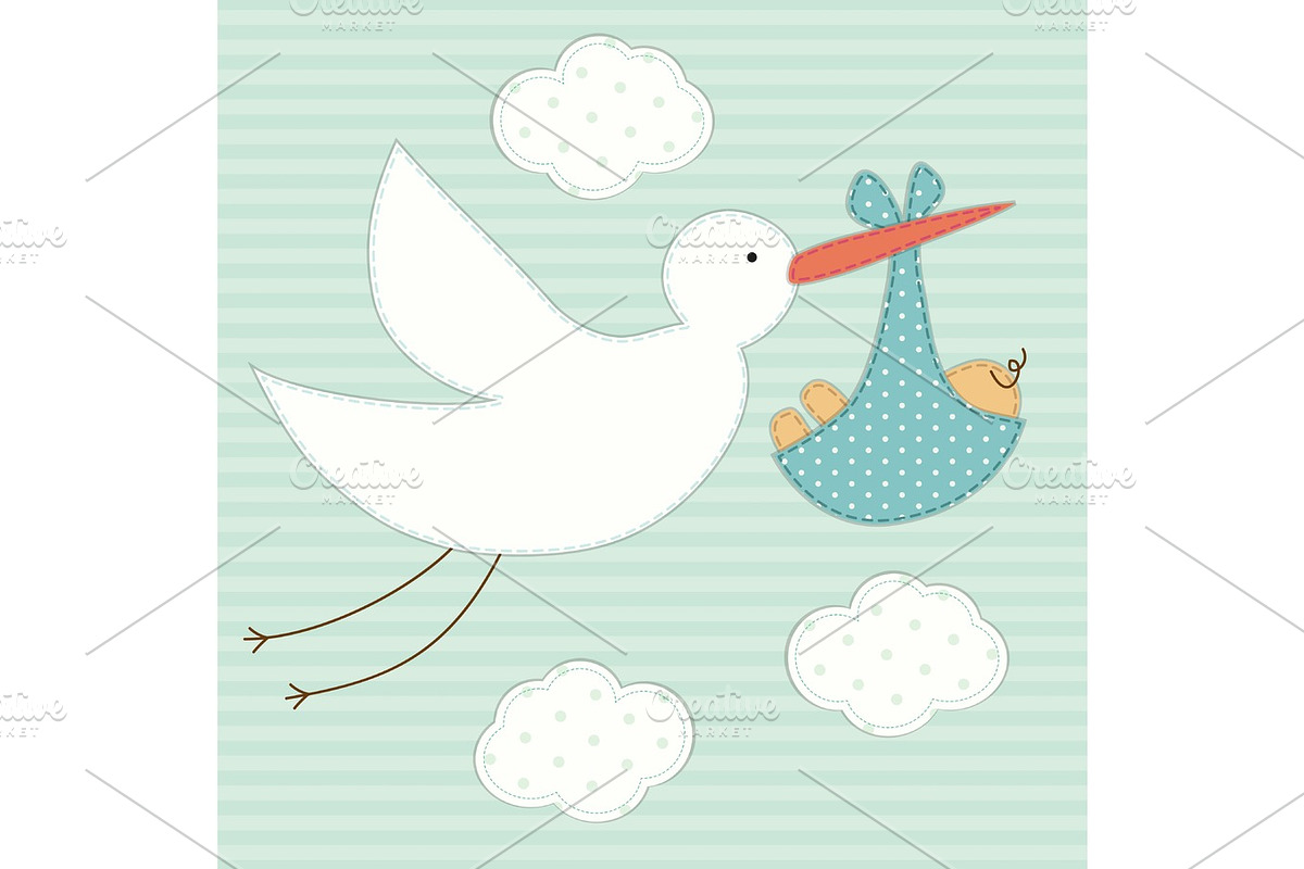 Cute baby shower card as retro fabric patch applique of stork and newborn baby in Illustrations - product preview 8