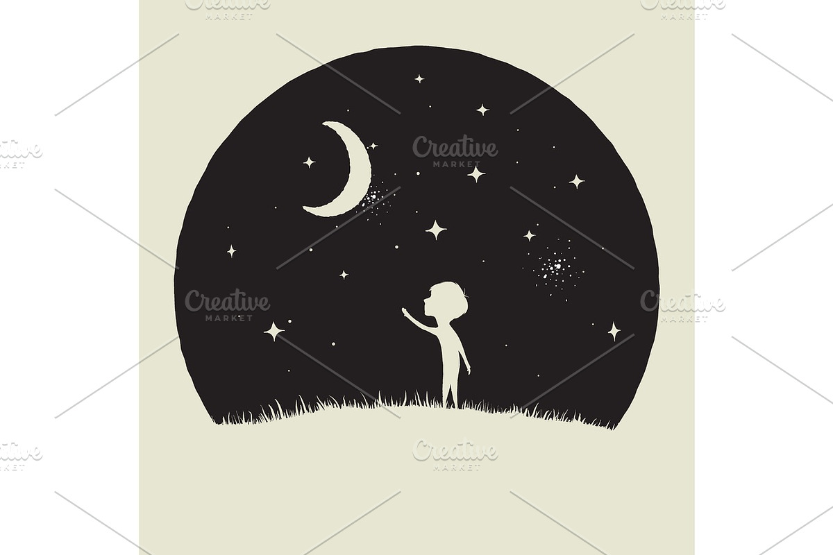 Little kid boy looks to crescent Moon in Illustrations - product preview 8