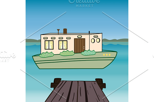 House water  houseboat floating river.
