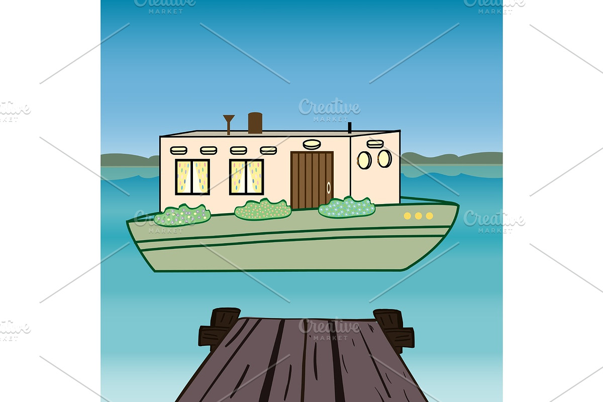 House water  houseboat floating river. in Illustrations - product preview 8