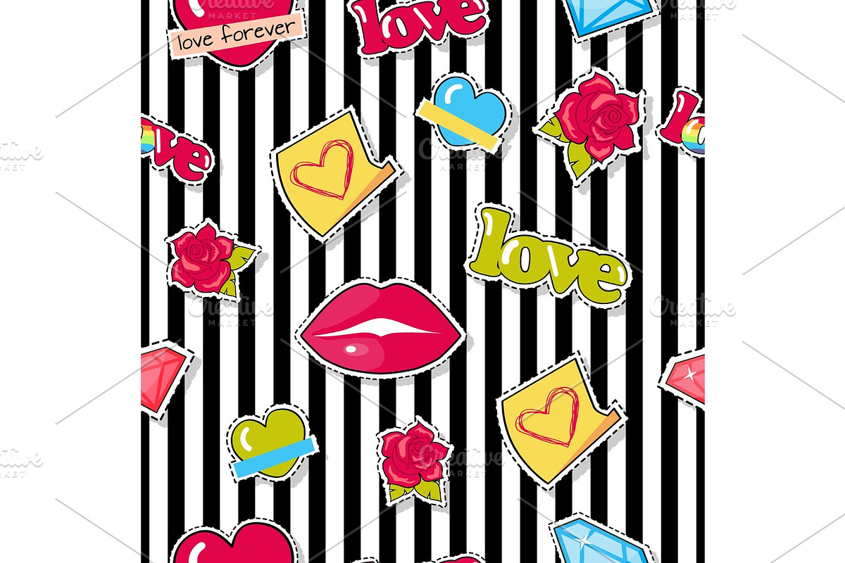 Seamless Pattern with Lips, Roses, Hearts, Diamond in Textures - product preview 8