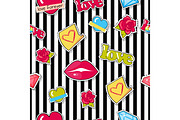 Seamless Pattern with Lips, Roses, Hearts, Diamond