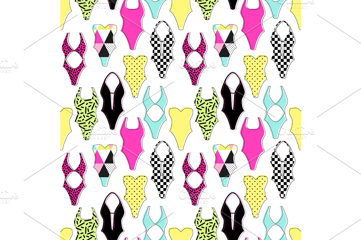 Cute 80s style geometric seamless pattern with swimsuits in Illustrations - product preview 8