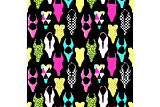 Cute 80s style geometric seamless pattern with swimsuits