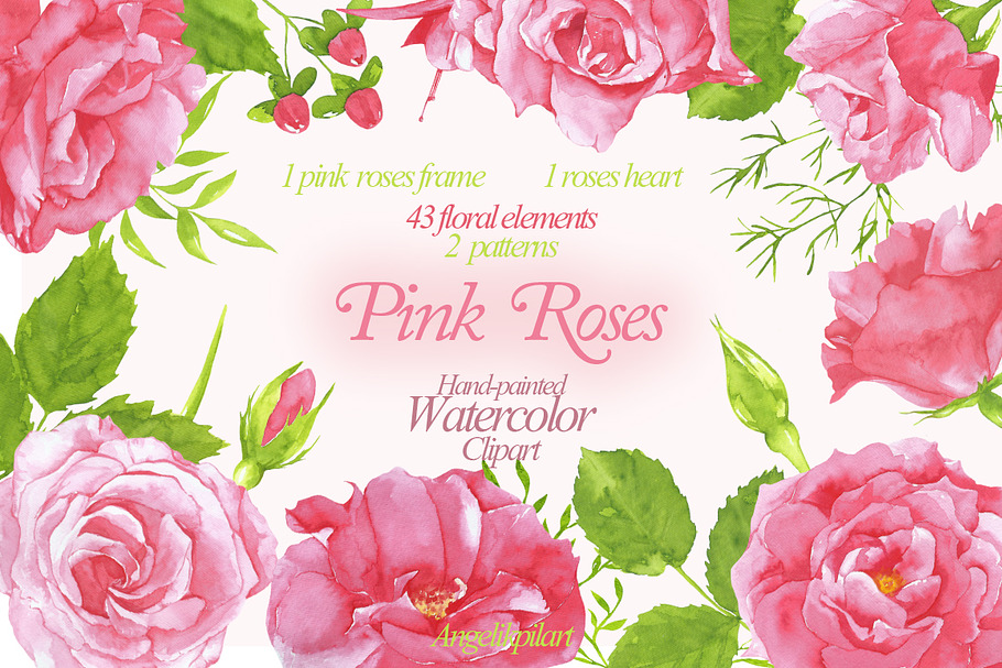 watercolor Pink Roses clipart