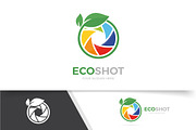 Vector of a camera shutter and leaf logo combination. Photography and eco symbol or icon. Unique photo and natural, organic logotype design template.
