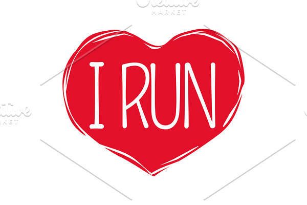 I Love Run Text in Red Hand Drawn Heart. Logo Sign