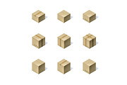 Set of nine isometric cardboard boxes isolated on white.