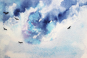 Watercolor sky with birds