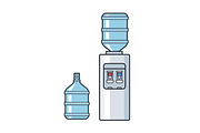 Line vector plastic water cooler with blue full bottle. Flat illustration on white background
