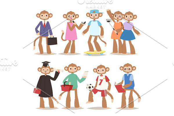 Monkey man making good sign like people cartoon characters animal ape funny portrait primate person vector illustration