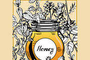 Honey jar surrounded with herbs