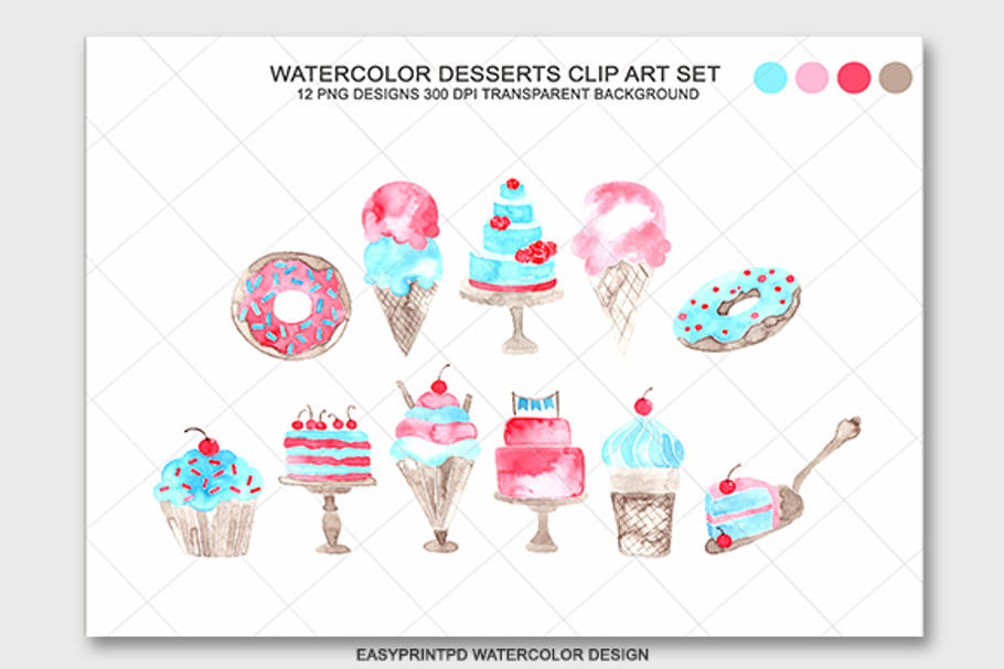 Watercolor Desserts Clip Art