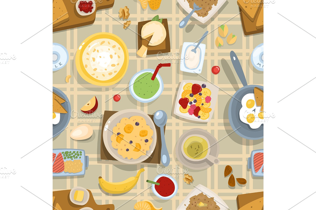 Healthy eating breakfast lunch meal concept with fresh salad bowls on kitchen wooden worktop top view vector seamless pattern background in Illustrations - product preview 8