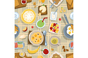 Healthy eating breakfast lunch meal concept with fresh salad bowls on kitchen wooden worktop top view vector seamless pattern background