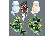 Set of three figures of pirates and two ghosts