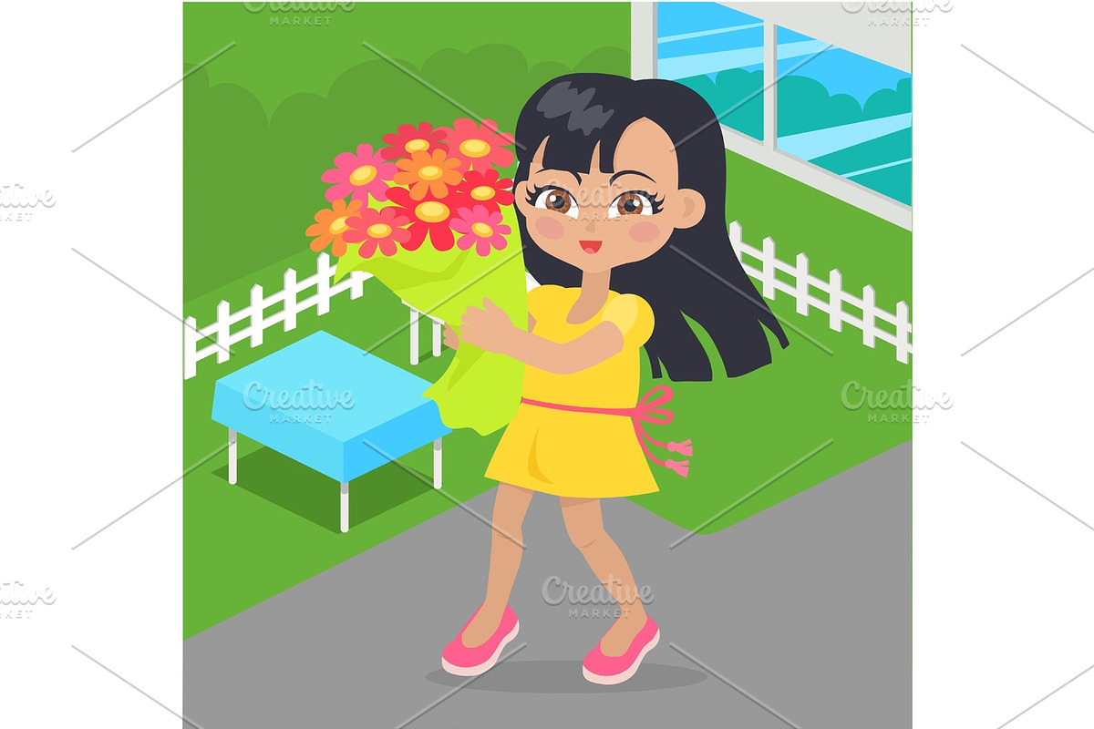 Girl Holds Bouquet of Flowers in her Hands at Yard in Objects - product preview 8