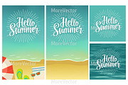 Hello summer hand drawn lettering with rays on beach background.