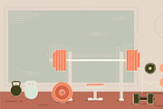 Gym exercise equipment room interior indoor set. Linear stroke outline flat style icons. Monochrome cycle bike power weight lifting gymnastics rings ball wall bars icon collection