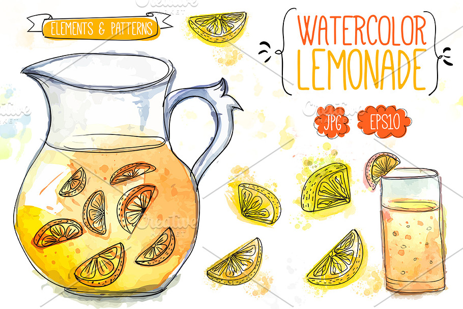 Watercolor lemonade and lemons in Illustrations - product preview 8