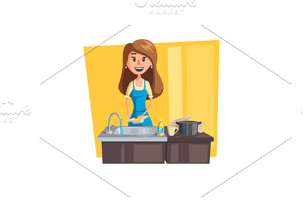 Washing dishes cartoon icon with woman housewife