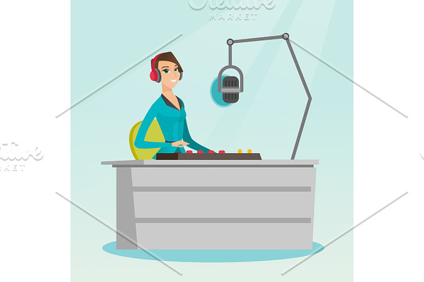 Female dj working on the radio vector illustration