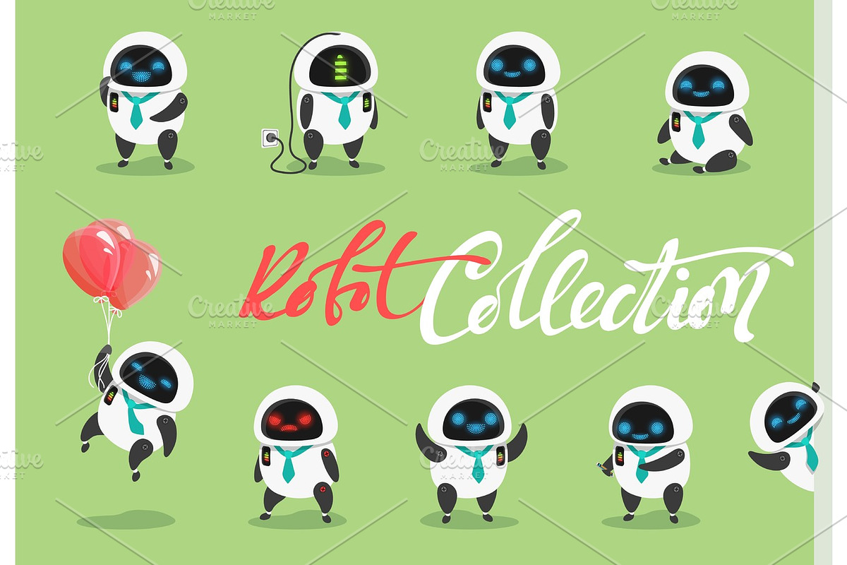Set character robot. Characters cartoon in flat style with different tasks, gestures. in Objects - product preview 8