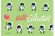 Set character robot. Characters cartoon in flat style with different tasks, gestures.