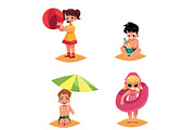 Babies, kids, children on the beach, sea summer holidays