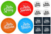 Four seasons stickers set. Hello Winter, Spring, Summer, Autumn lettering
