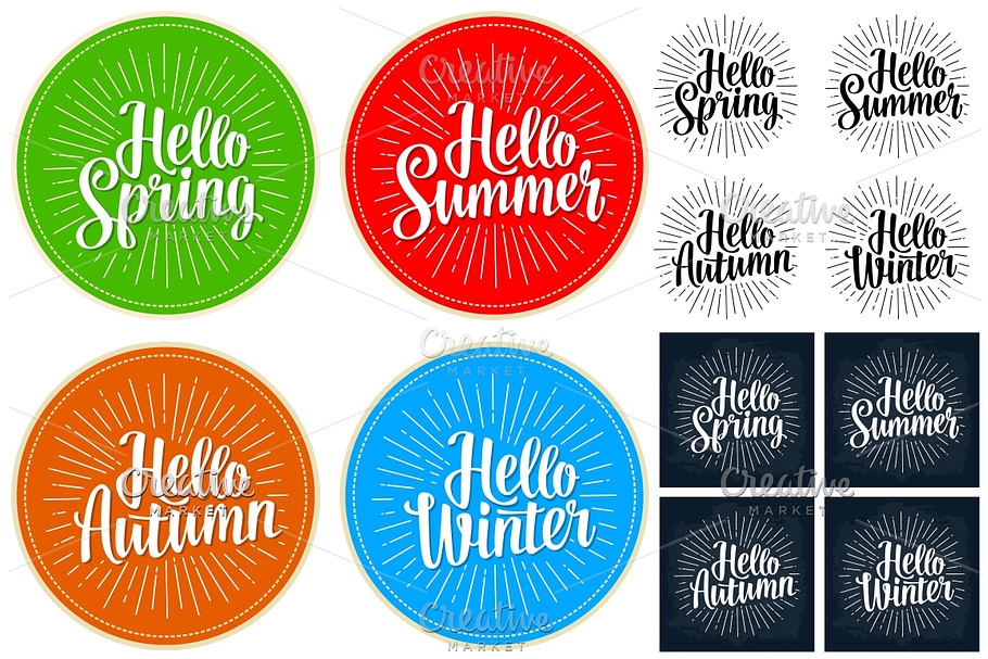 Four seasons stickers set. Hello Winter, Spring, Summer, Autumn lettering in Illustrations - product preview 8
