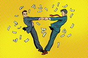 Two businessmen happily dancing in a whirlwind of money