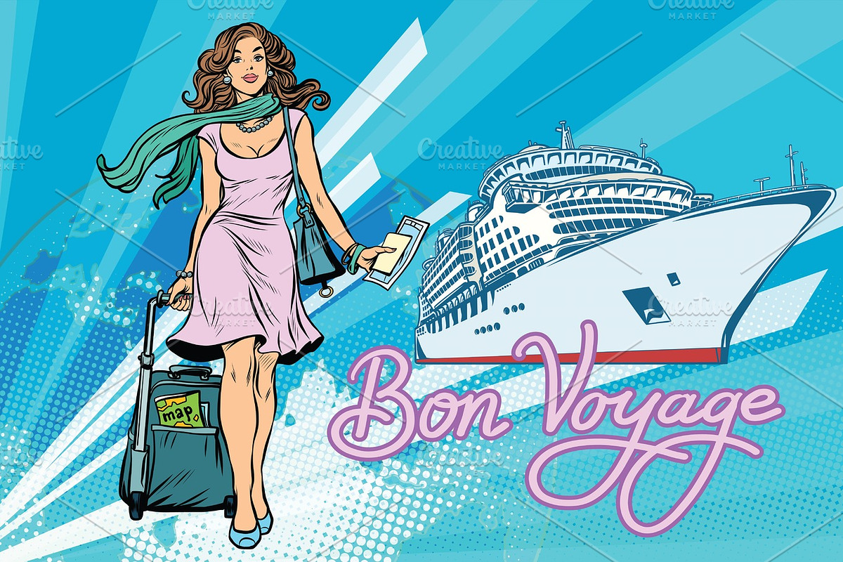 Beautiful woman passenger Bon voyage cruise ship in Illustrations - product preview 8