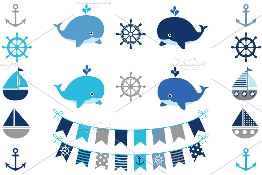 Boy nautical clipart set with whales