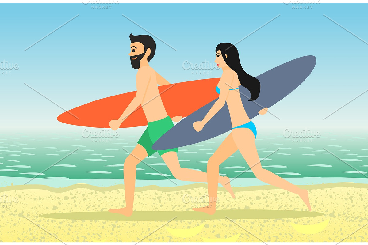 Male and female surfers running in Illustrations - product preview 8