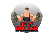 Bodybuilder poster with strong man holding heavy dumbbell vector illustration